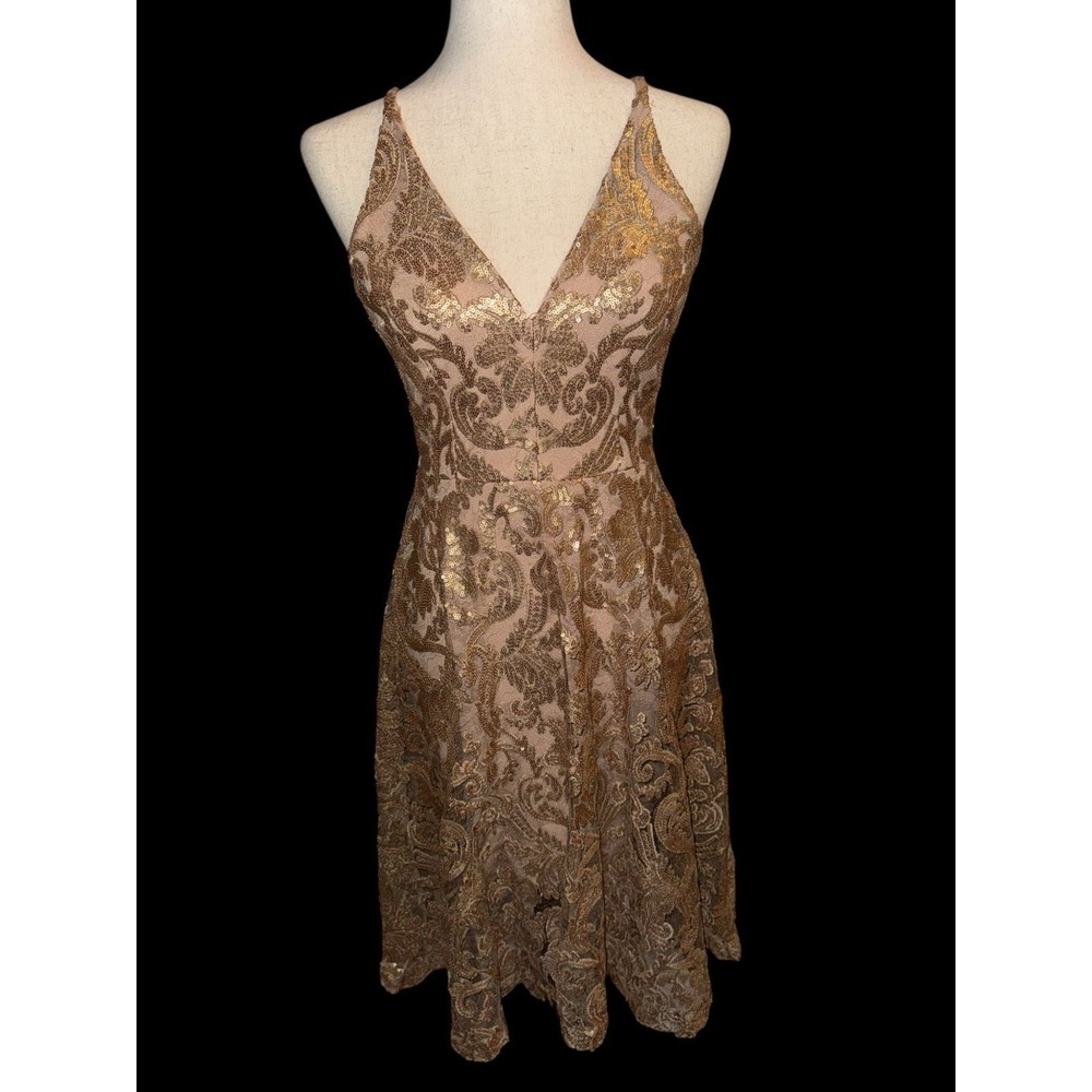 DRESS THE POPULATION Black Nude Sequin Lace‎ Blair Fit Flare Midi Dress XS